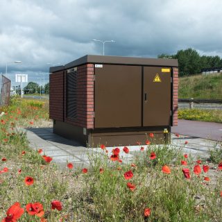 2024 06 12-Harderwijk, Netherlands: A new brown partly brick transformer house on the Piekegracht/Zuidwalstraat in the town of Harderwijk in Gelderland with various red poppies in the foreground..