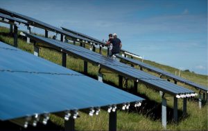 Twee mannen lopen tussen de zonnepanelen op een dijk